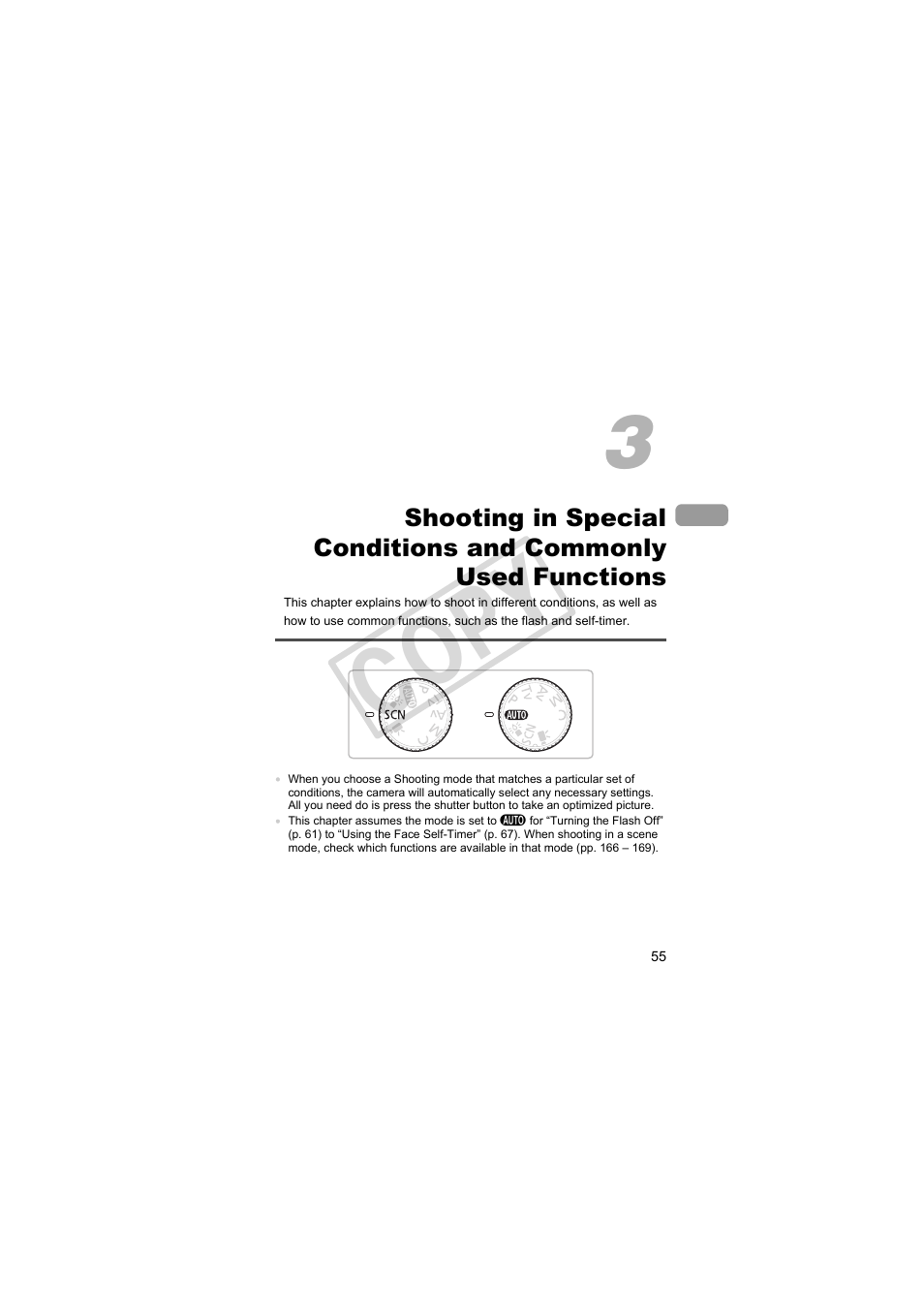 Shooting in special, Conditions and commonly, Used functions | Co py | Canon PowerShot Camera S90 User Manual | Page 55 / 179