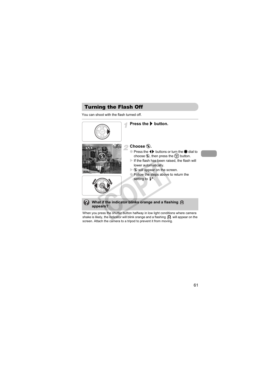 Turning the flash off, Pp. 61, 71, 9, Pp. 61, 71 | Shake warning (p. 61), R “turning the flash off, P. 61) t, Co py | Canon PowerShot Camera S90 User Manual | Page 61 / 179