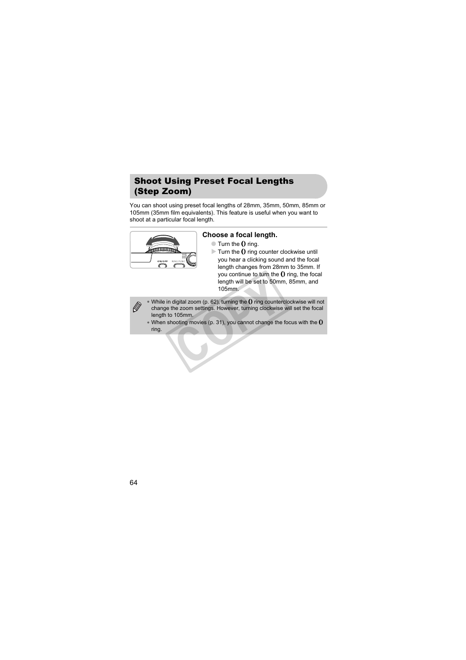 Shoot using preset focal lengths, Step zoom), Gth (p. 64) | Co py | Canon PowerShot Camera S90 User Manual | Page 64 / 179