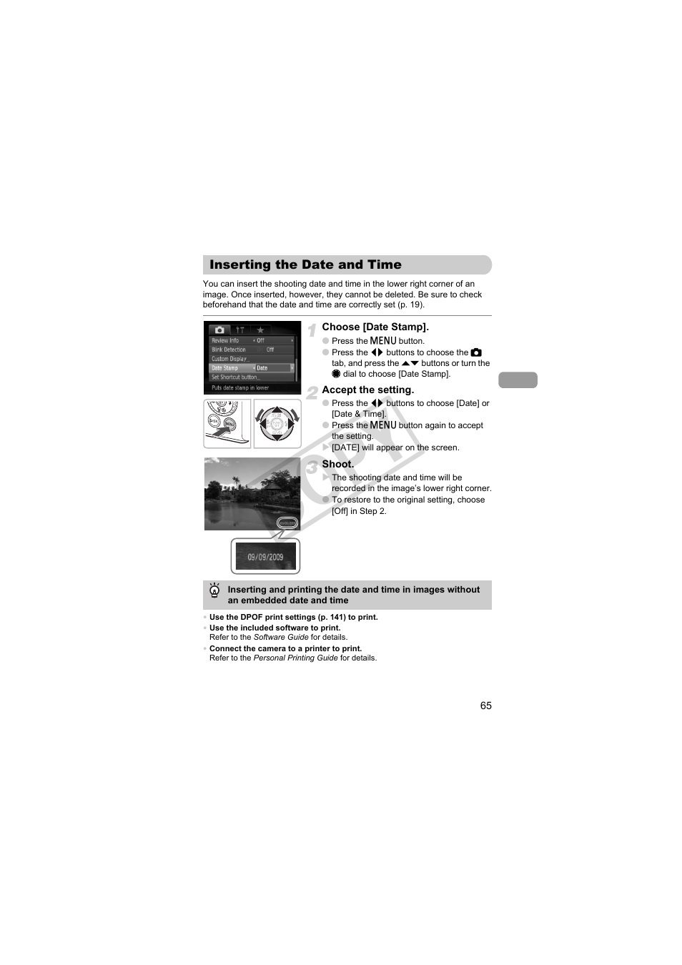 Inserting the date and time, E stamp (p. 65), P. 65) | Co py | Canon PowerShot Camera S90 User Manual | Page 65 / 179