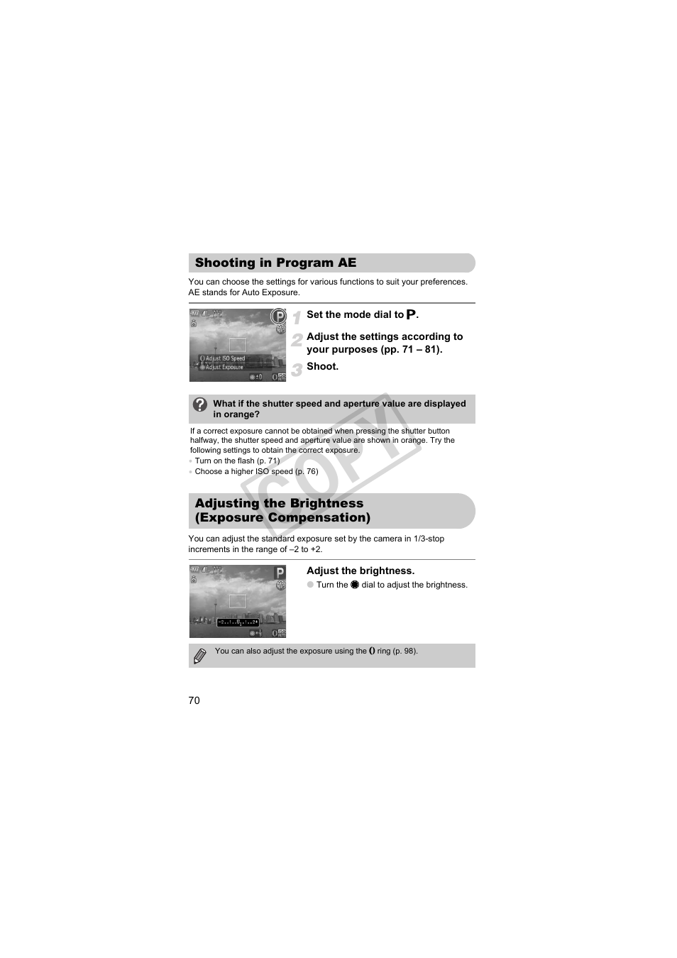 Shooting in program ae adjusting the brightness, Exposure compensation), Want (pp. 70, 95 | Xposure) (p. 70), P. 70), Co py | Canon PowerShot Camera S90 User Manual | Page 70 / 179