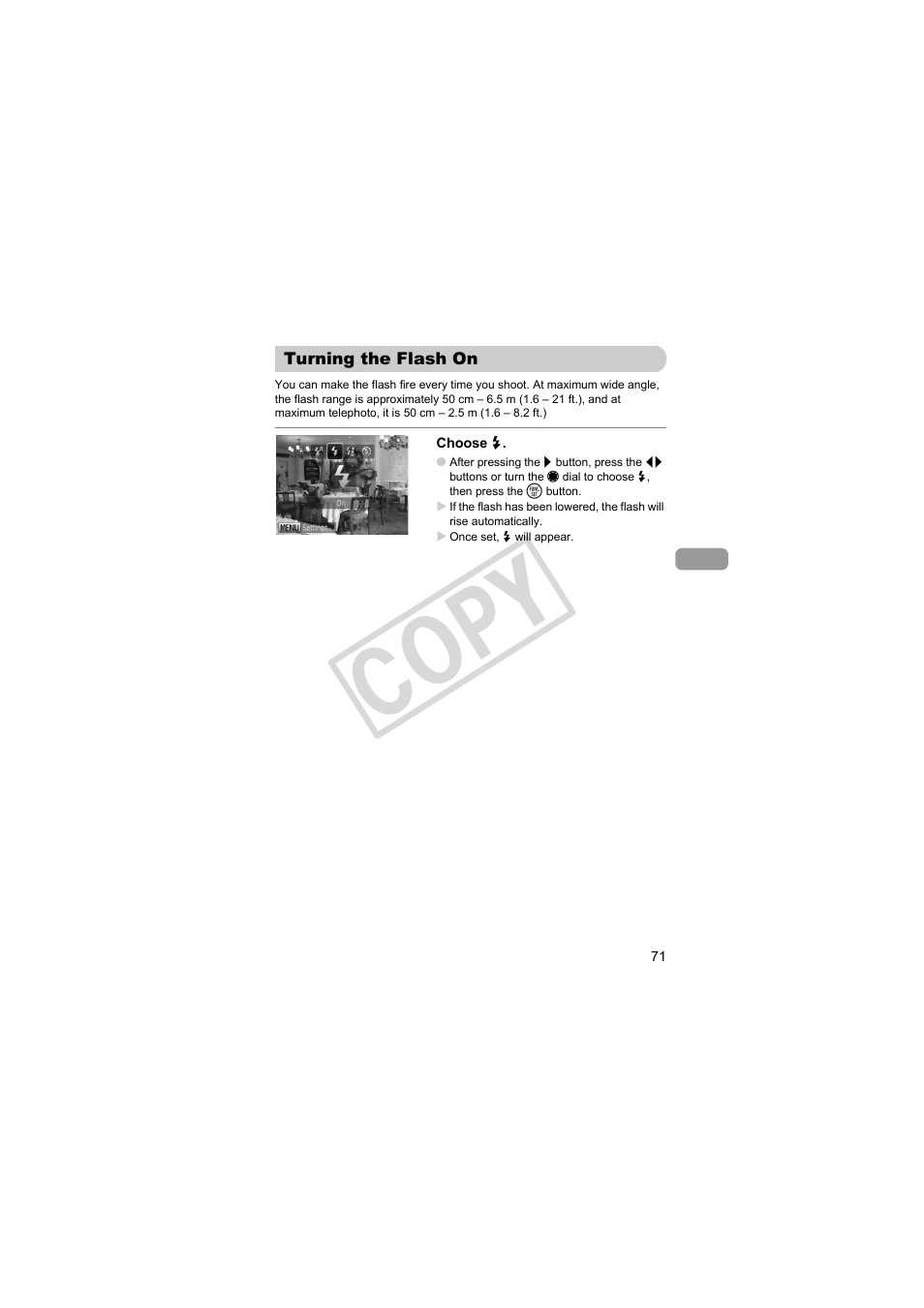 Turning the flash on, Flash (p. 71), exposure, Pp. 71 | Ash (p. 71), Co py | Canon PowerShot Camera S90 User Manual | Page 71 / 179