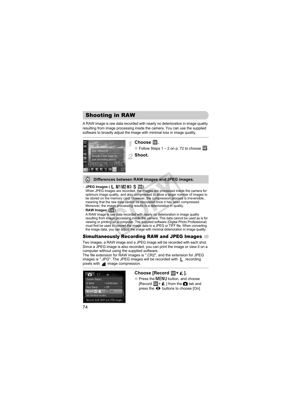 Shooting in raw, Co py | Canon PowerShot Camera S90 User Manual | Page 74 / 179