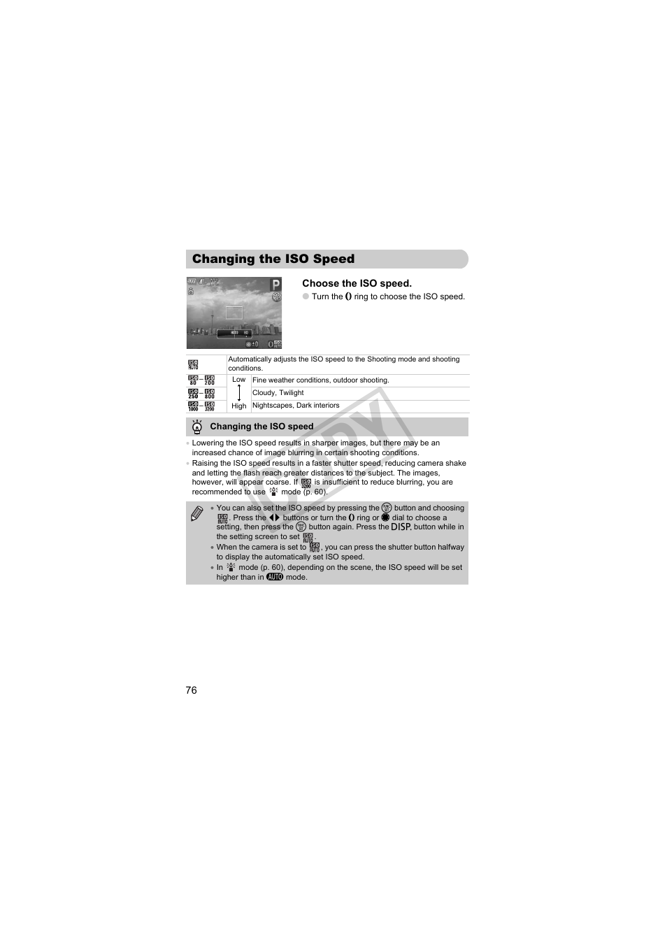 Changing the iso speed, Speed (p. 76), Iso speed (p. 76) | P. 76), Co py | Canon PowerShot Camera S90 User Manual | Page 76 / 179