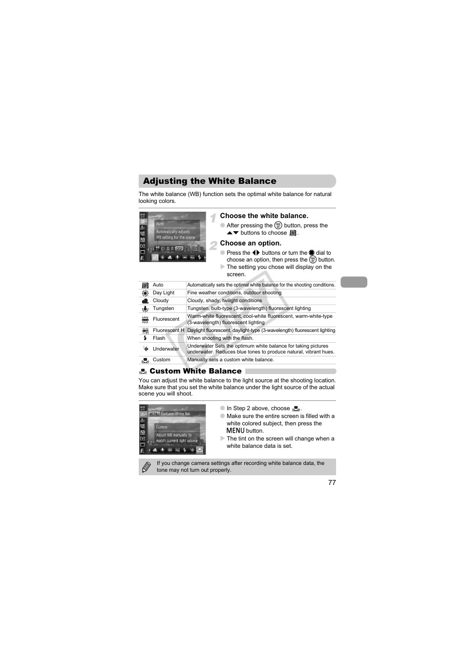 Adjusting the white balance, White balance (p. 77), P. 77 | Co py | Canon PowerShot Camera S90 User Manual | Page 77 / 179