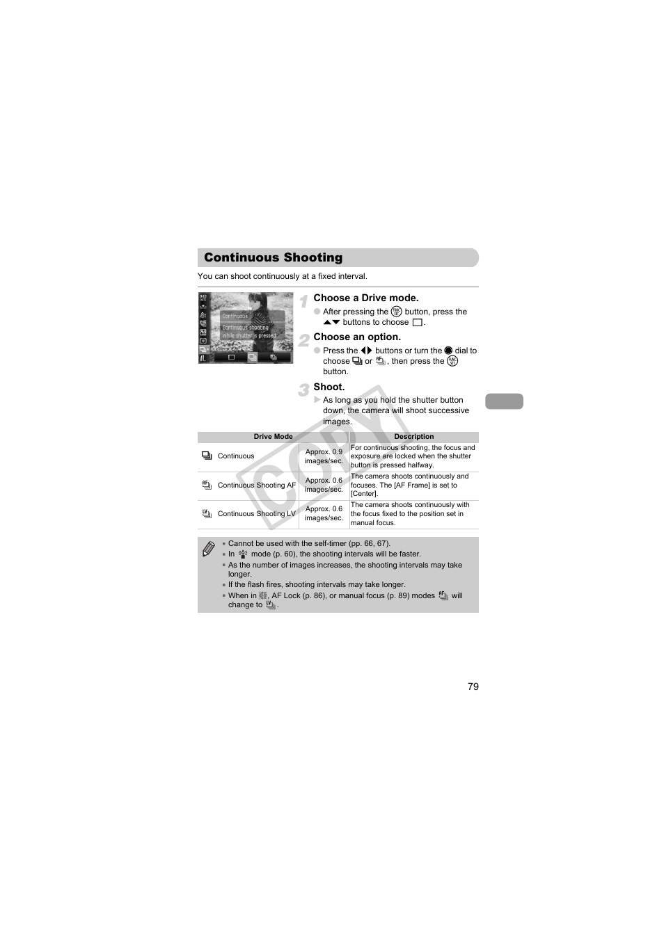 Continuous shooting, Drive mode (p. 79, Co py | Canon PowerShot Camera S90 User Manual | Page 79 / 179