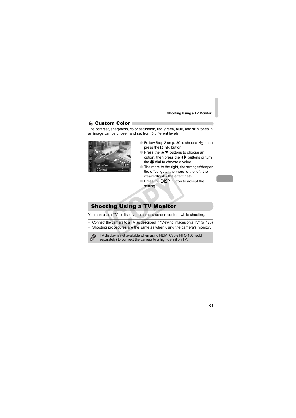 Shooting using a tv monitor, Co py | Canon PowerShot Camera S90 User Manual | Page 81 / 179