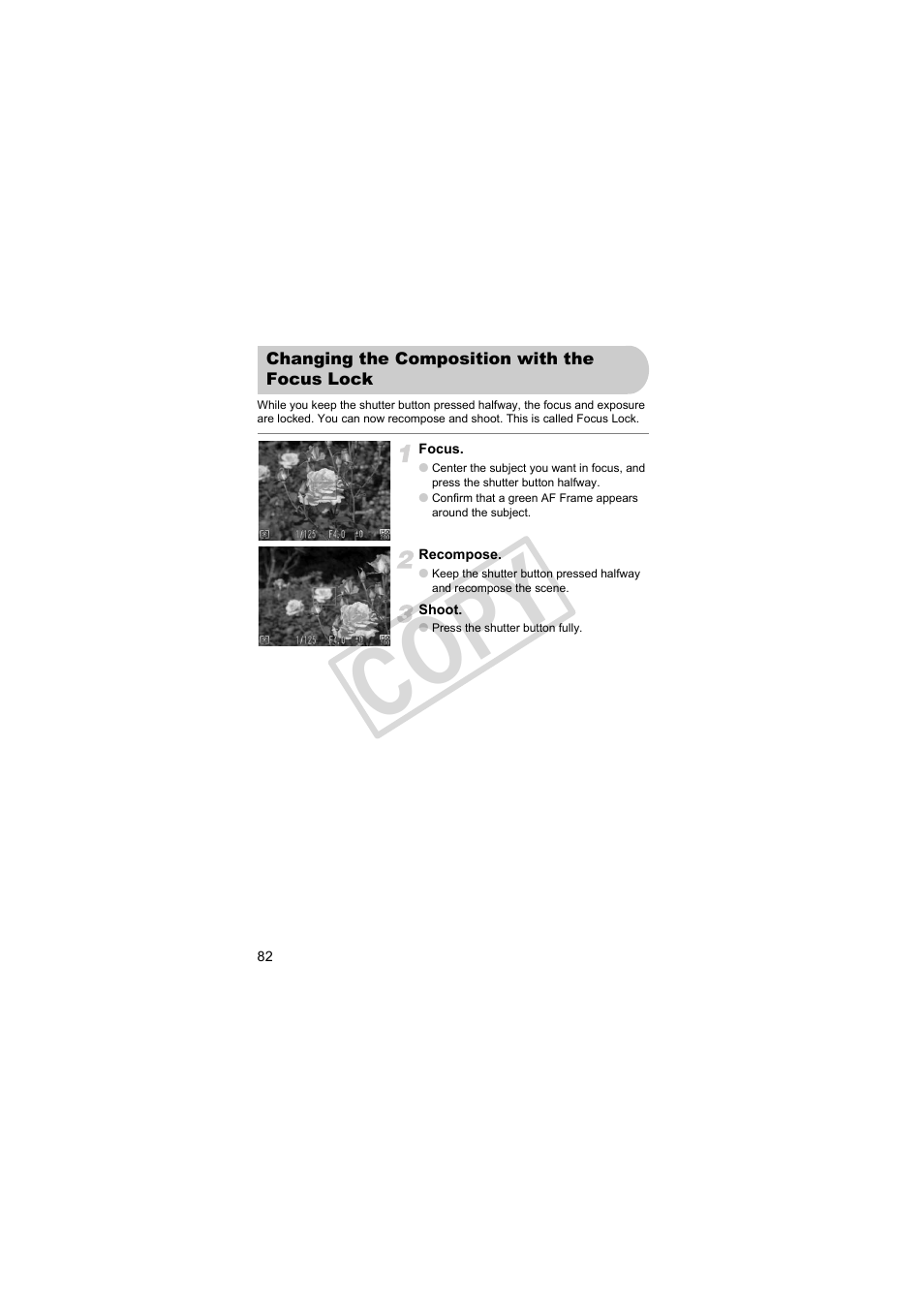 Changing the composition, With the focus lock, Co py | Canon PowerShot Camera S90 User Manual | Page 82 / 179