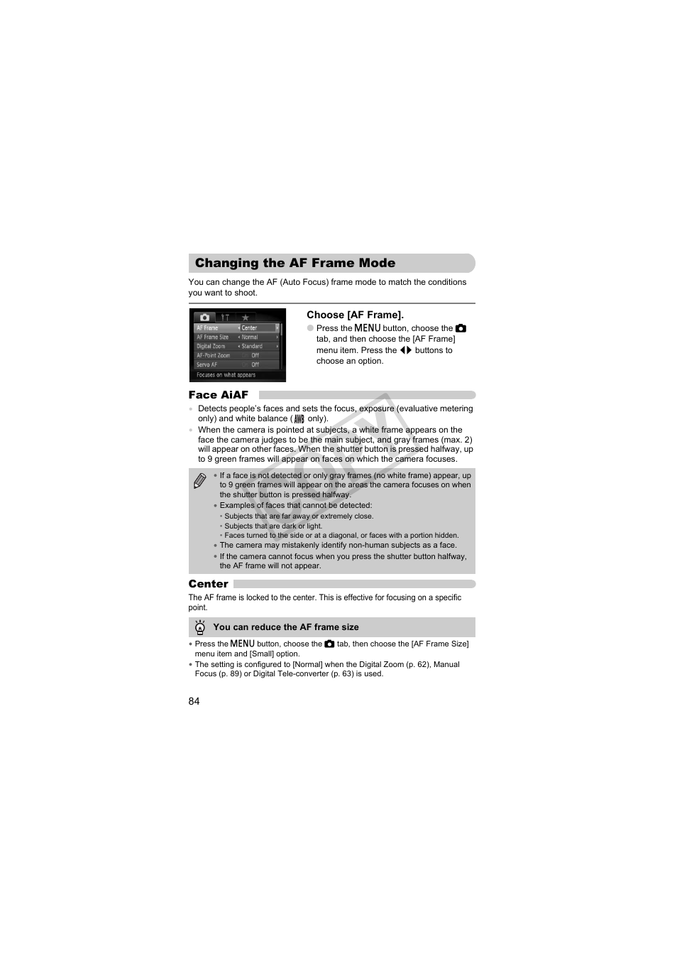 Changing the af frame mode, Ect (p. 84), Co py | Canon PowerShot Camera S90 User Manual | Page 84 / 179