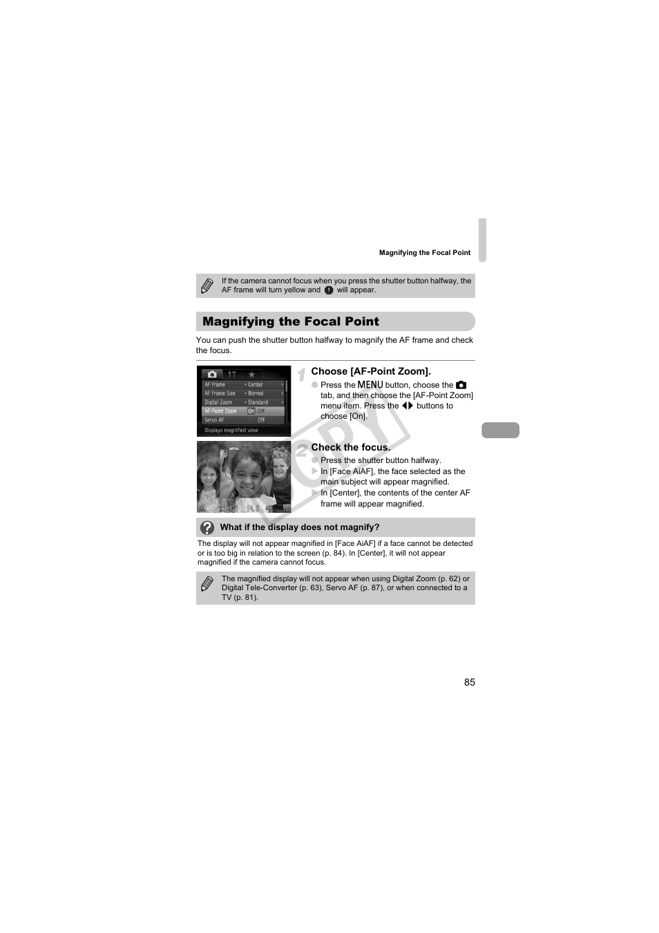 Magnifying the focal point, Co py | Canon PowerShot Camera S90 User Manual | Page 85 / 179
