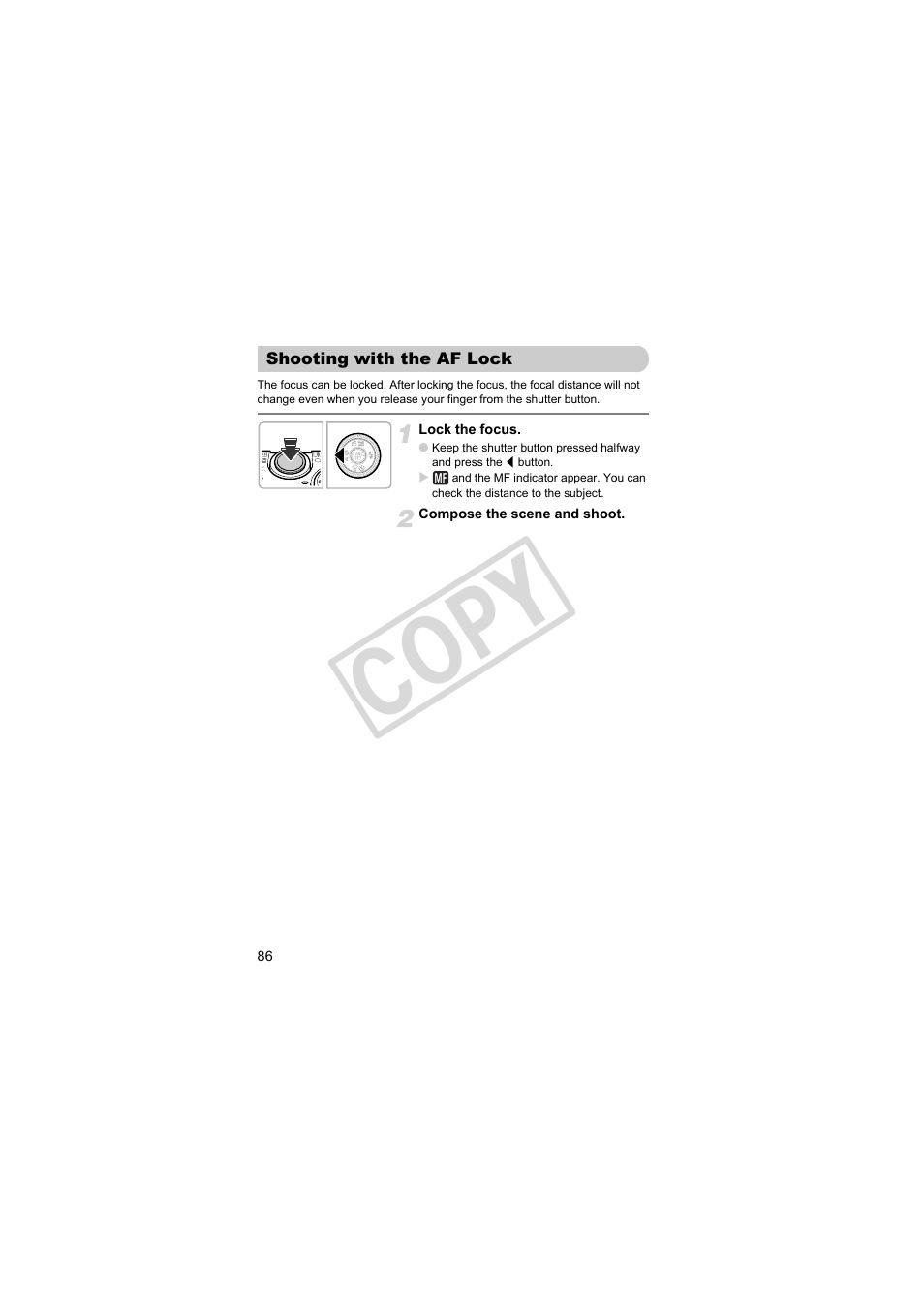 Shooting with the af lock, P. 86), Co py | Canon PowerShot Camera S90 User Manual | Page 86 / 179