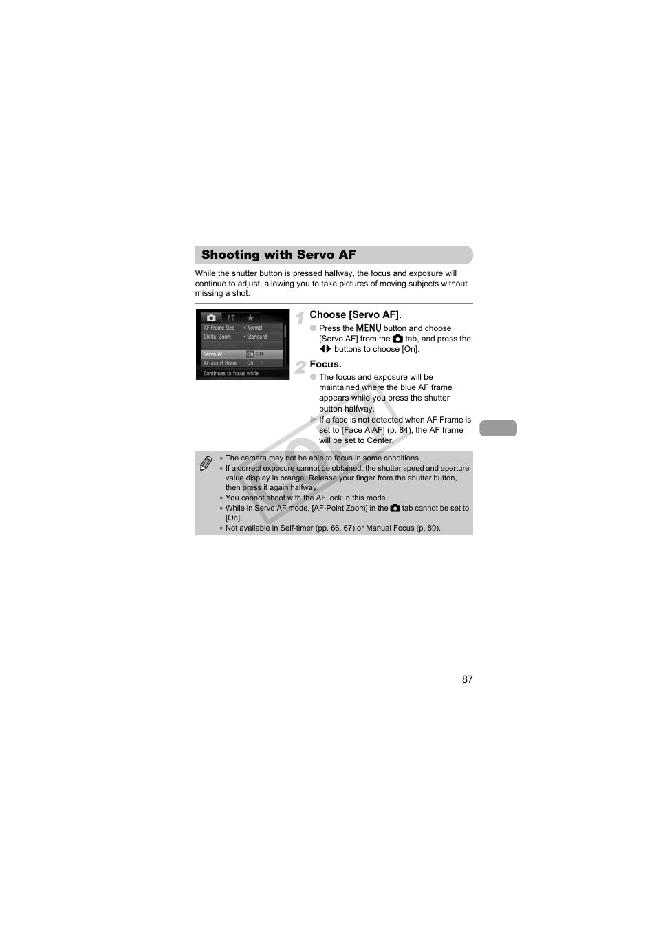 Shooting with servo af, Servo af (p. 87), Co p y | Canon PowerShot Camera S90 User Manual | Page 87 / 179