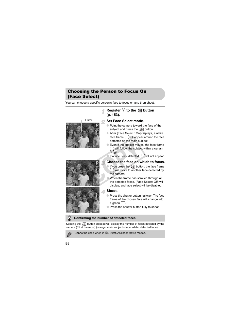 Choosing the person to, Focus on (face select), Co py | Canon PowerShot Camera S90 User Manual | Page 88 / 179