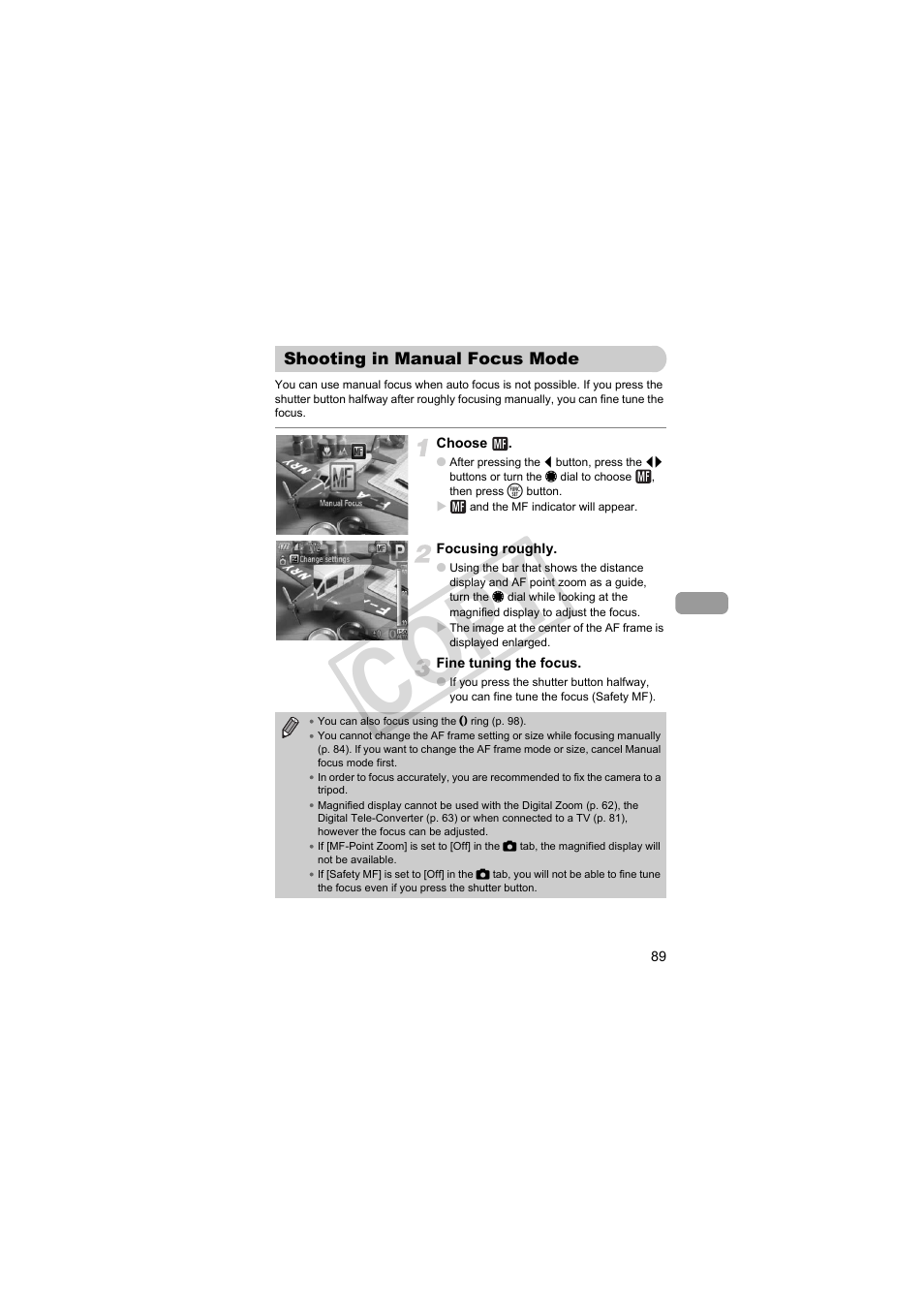 Shooting in manual focus mode, L focus) (p. 89), Cus (p. 89) | Ndicator (p. 89), Us (p. 89), S (p. 89) mode, S (p. 89), Co py | Canon PowerShot Camera S90 User Manual | Page 89 / 179