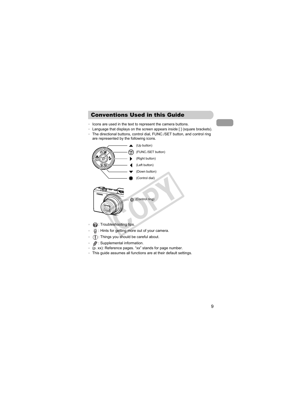 Conventions used in this guide, Co py | Canon PowerShot Camera S90 User Manual | Page 9 / 179