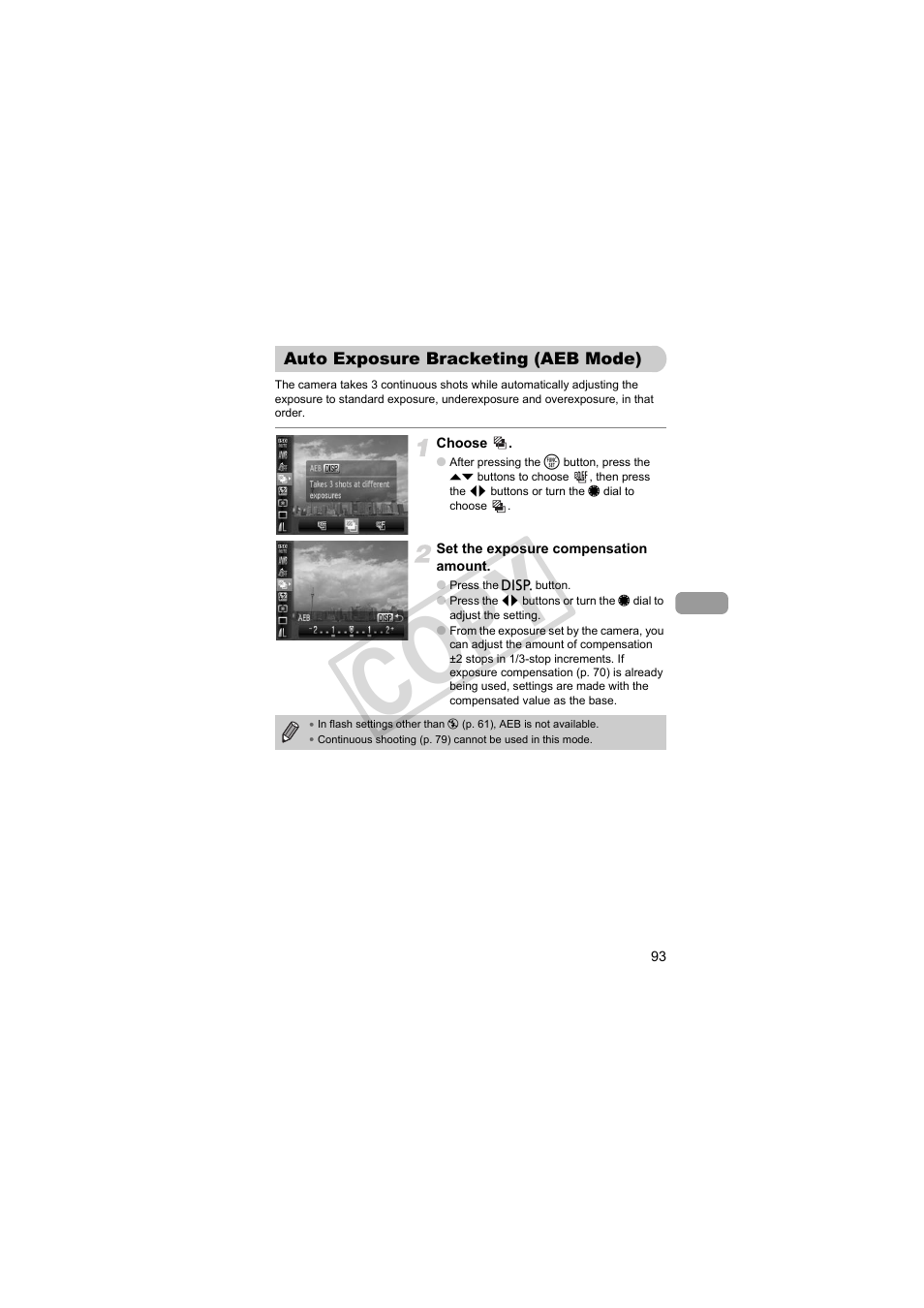 Auto exposure bracketing, Aeb mode), B shooting (p. 93) | Co py | Canon PowerShot Camera S90 User Manual | Page 93 / 179