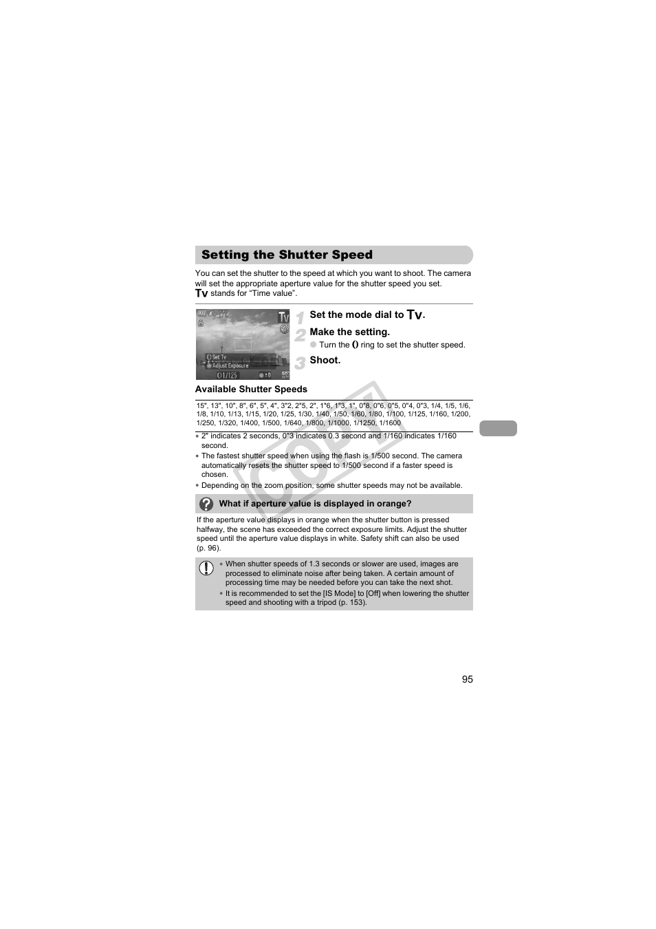 Setting the shutter speed, Utter speed (p. 95), Peed (p. 95) | Setting the shutter speed” (p. 95), Co py | Canon PowerShot Camera S90 User Manual | Page 95 / 179