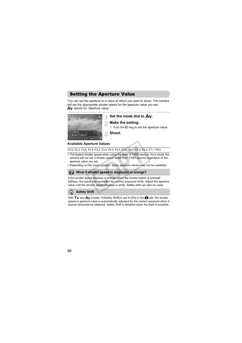 Setting the aperture value, Pp. 96, 97), Setting the aperture value” (p. 96) | Co py | Canon PowerShot Camera S90 User Manual | Page 96 / 179