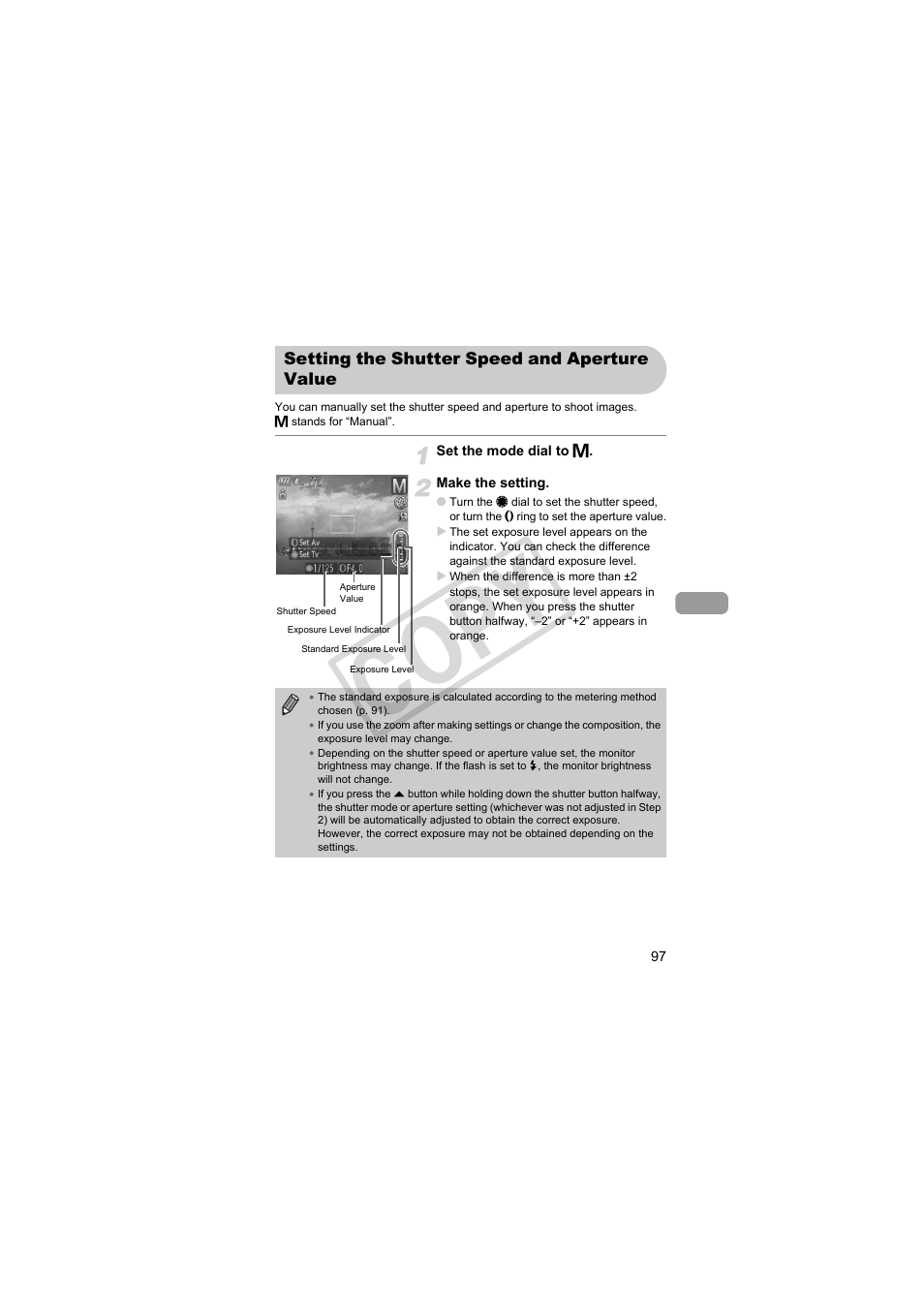 Setting the shutter speed and, Aperture value, P. 97) | Co py | Canon PowerShot Camera S90 User Manual | Page 97 / 179