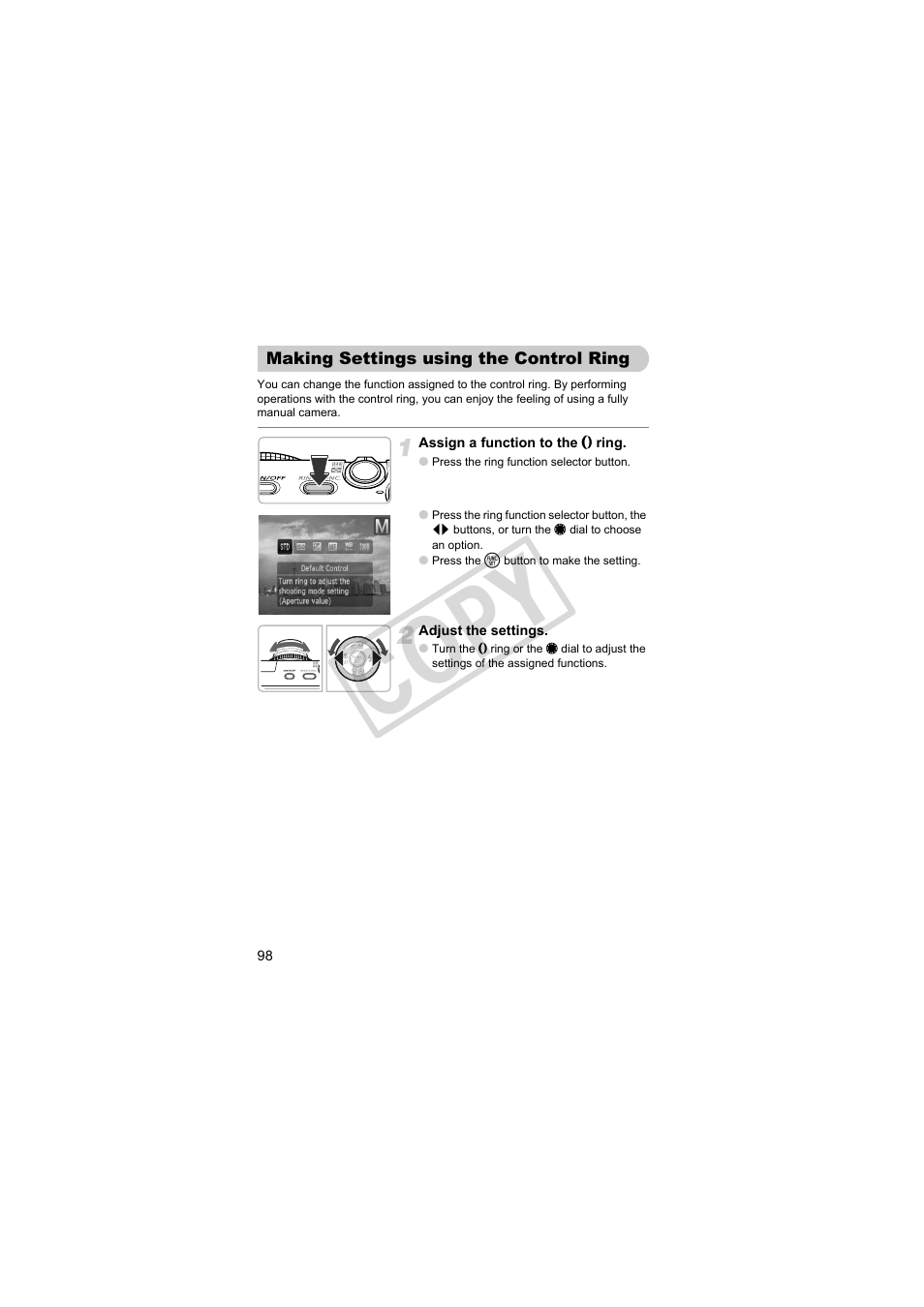Making settings, Using the control ring, Ton (p. 98) | P. 98), Co py | Canon PowerShot Camera S90 User Manual | Page 98 / 179