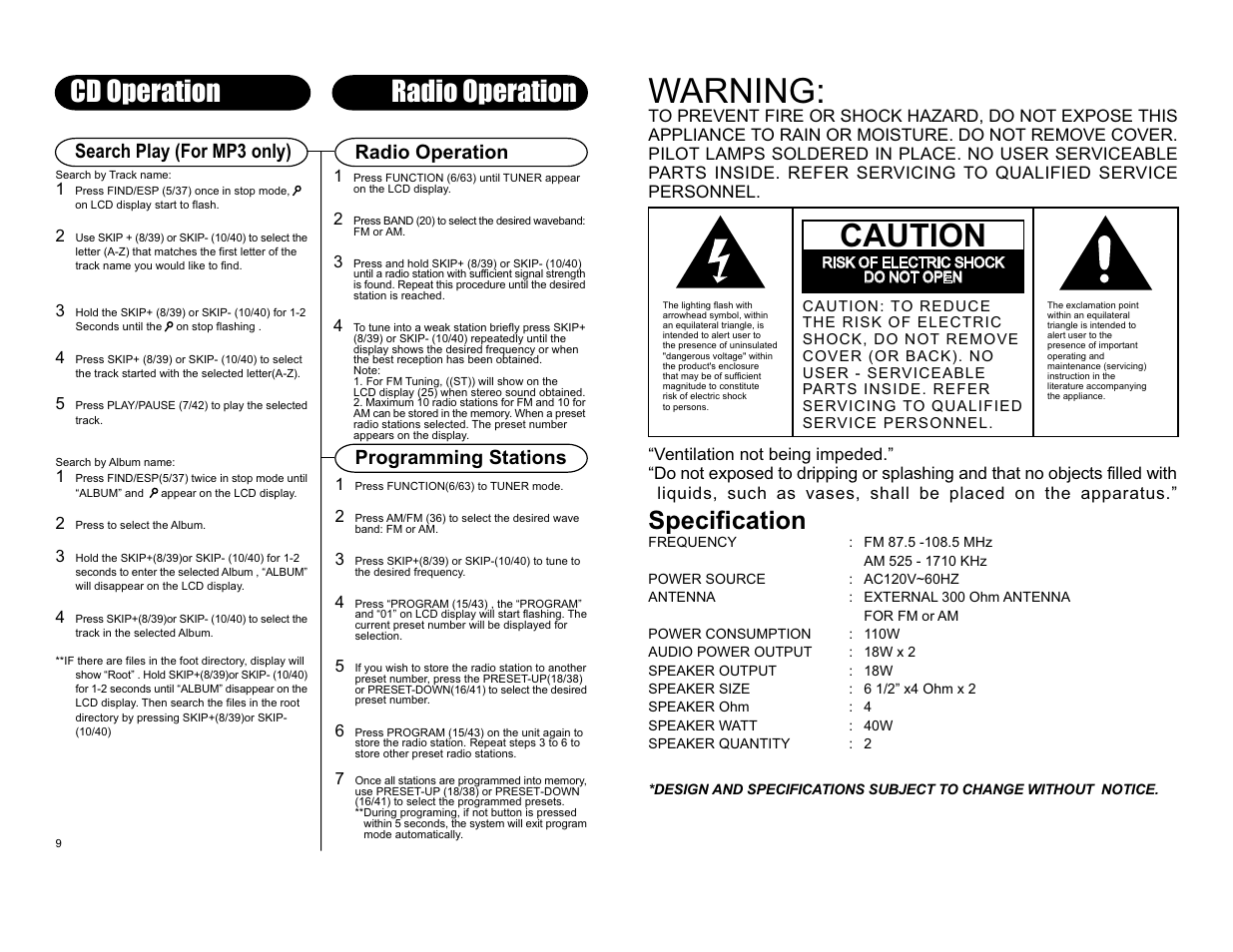 Warning, Caution, Cd operation radio operation | Specification, Search play (for mp3 only), Programming stations, Radio operation | Crosley Radio Jukebox with CD CR12-1 User Manual | Page 3 / 6