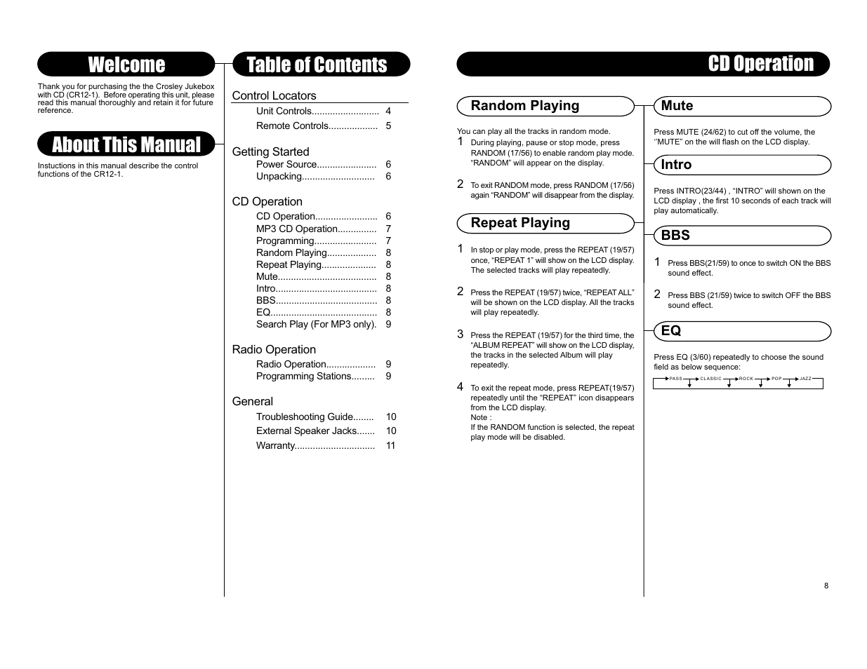 About this manual welcome table of contents, Cd operation, Mute random playing repeat playing intro bbs eq | Crosley Radio Jukebox with CD CR12-1 User Manual | Page 4 / 6