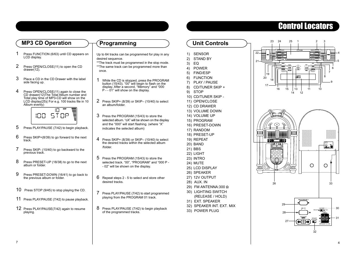 Cd operation, Control locators, Mp3 cd operation programming | Unit controls | Crosley Radio Jukebox with CD CR12-1 User Manual | Page 5 / 6