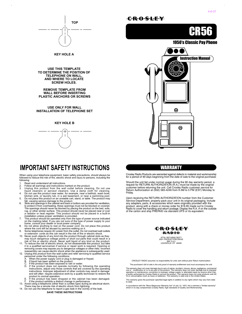 Crosley Radio CR56 User Manual | 2 pages