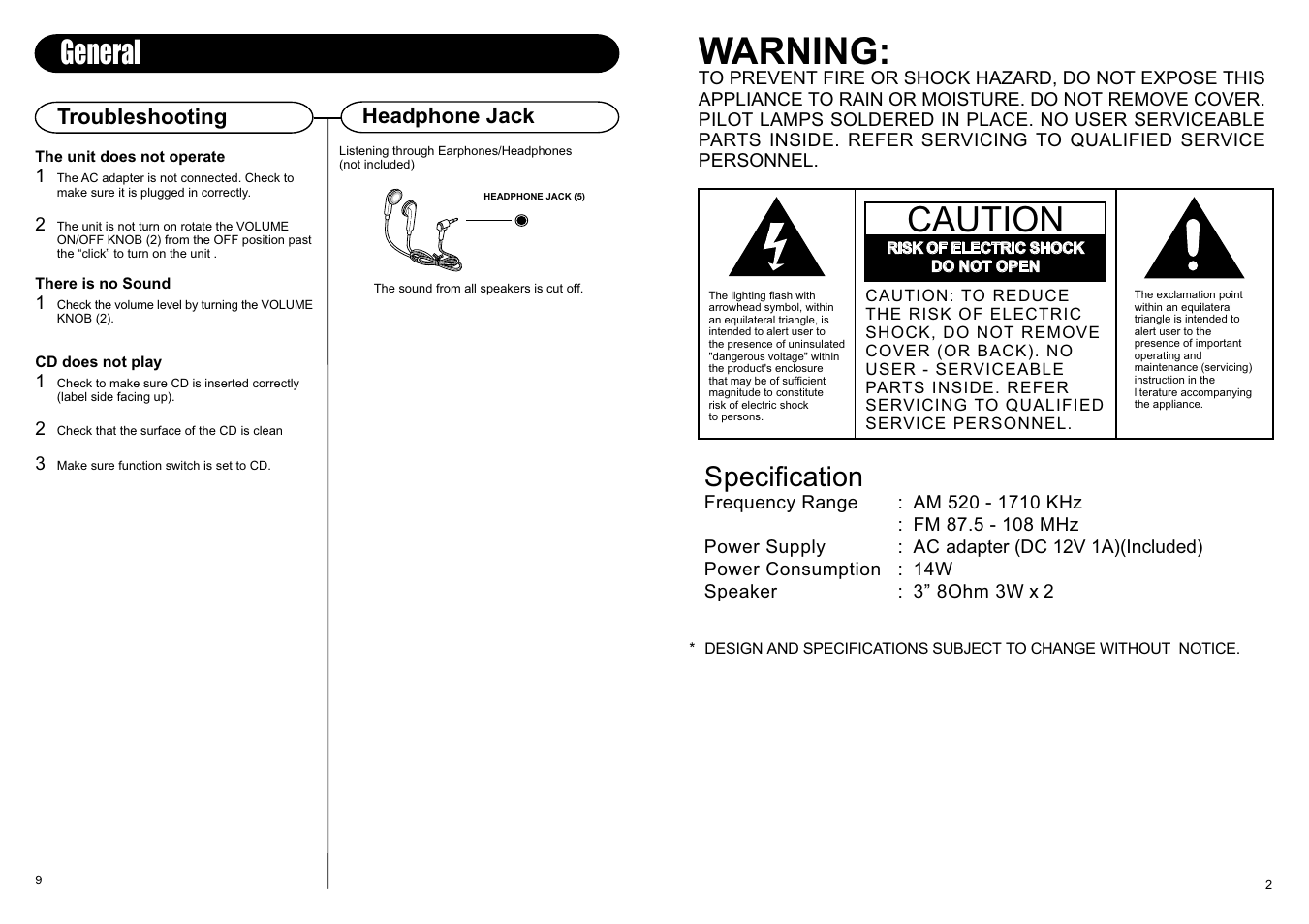 Warning, Caution, General | Specification, Headphone jack troubleshooting | Crosley Radio Crosley Autorama CD User Manual | Page 2 / 6