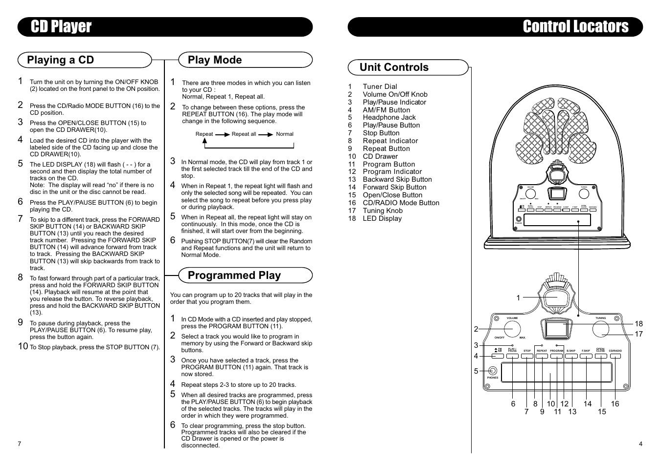 Cd player, Control locators, Programmed play | Playing a cd, Unit controls, Play mode | Crosley Radio Crosley Autorama CD User Manual | Page 3 / 6