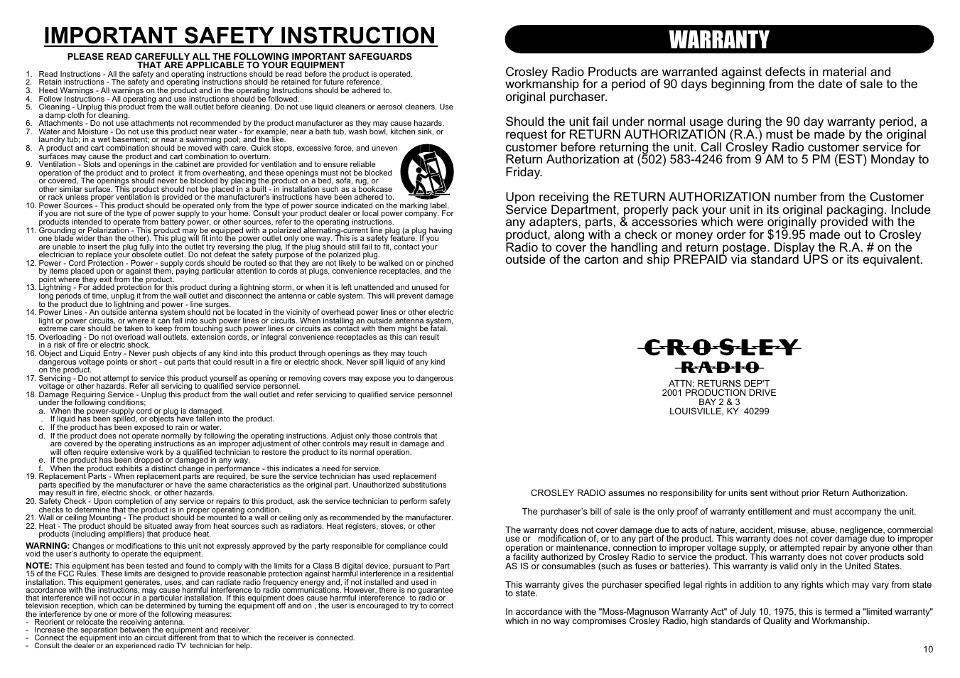 Warranty, Important safety instruction | Crosley Radio Crosley Autorama CD User Manual | Page 4 / 6