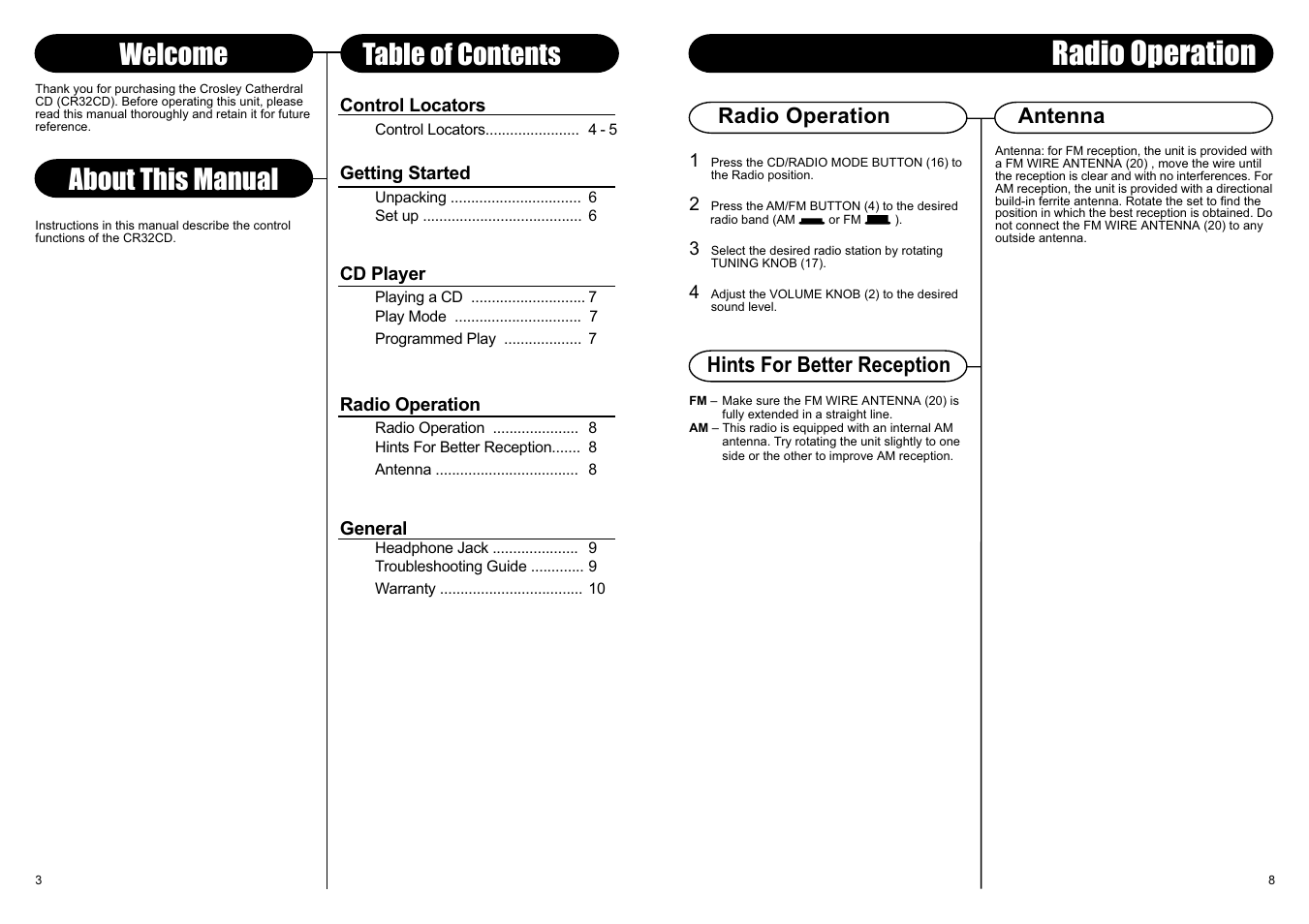 About this manual, Welcome table of contents, Radio operation | Antenna hints for better reception | Crosley Radio Crosley Autorama CD User Manual | Page 5 / 6