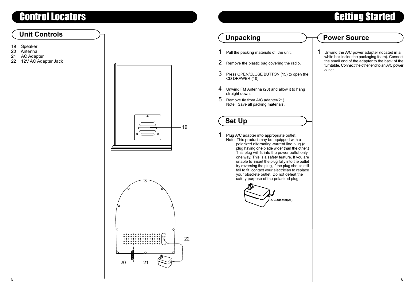 Control locators, Getting started, Unit controls | Power source, Unpacking set up | Crosley Radio Crosley Autorama CD User Manual | Page 6 / 6
