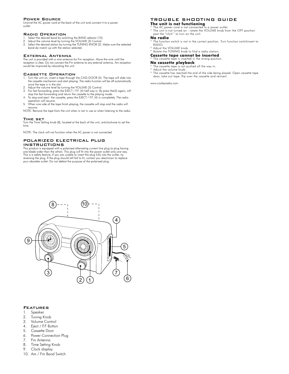 Trouble shooting guide, Features, Power source | Radio operation, External antenna, Cassette operation, Time set, Polarized electrical plug instructions | Crosley Radio Crosley Coloradio CR52 User Manual | Page 2 / 2