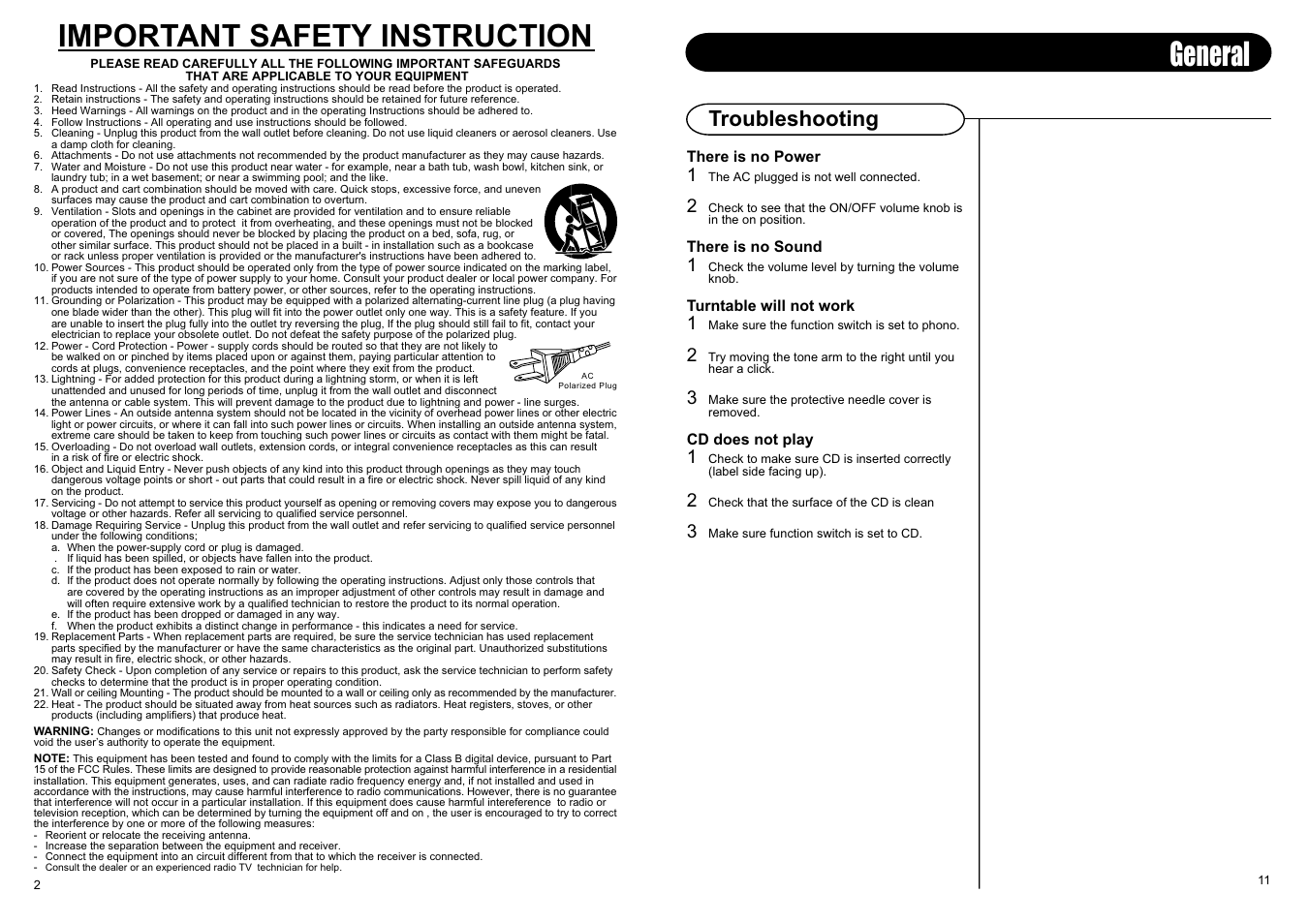 General important safety instruction, Troubleshooting | Crosley Radio Rochester CR66 User Manual | Page 4 / 8