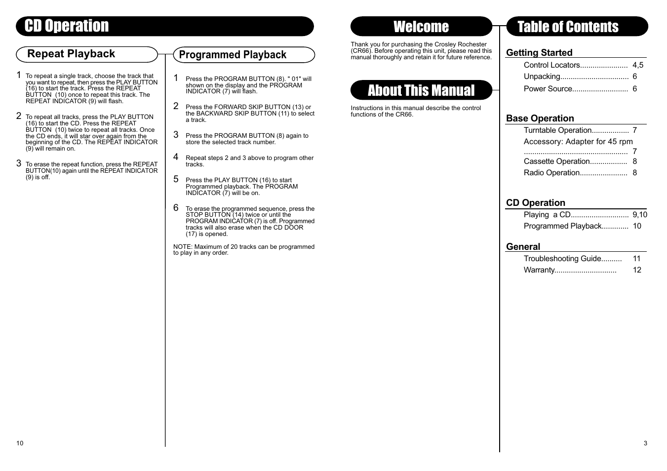 Cd operation, About this manual, Welcome table of contents | Repeat playback programmed playback | Crosley Radio Rochester CR66 User Manual | Page 5 / 8
