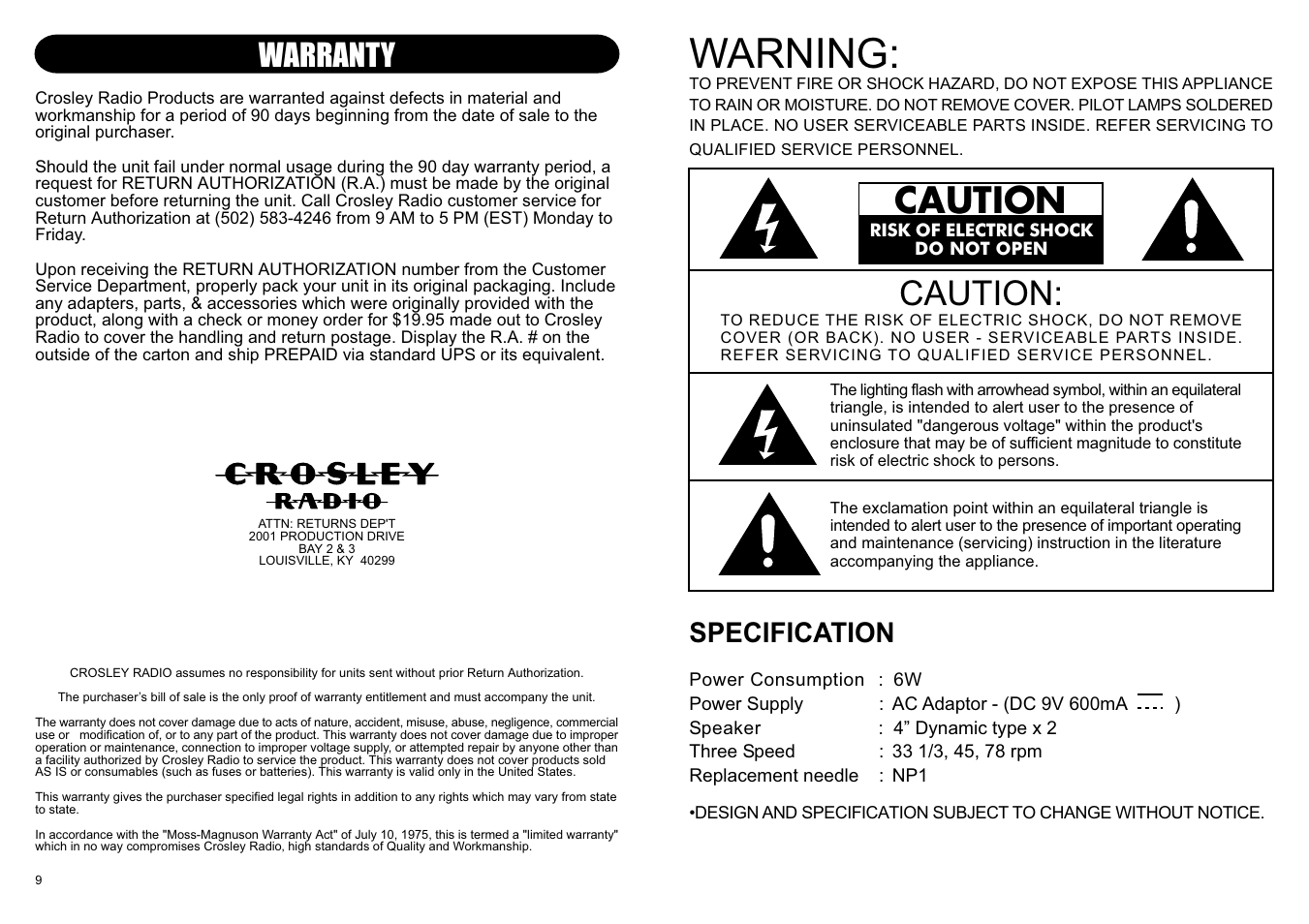 Warning, Caution, Warranty | Specification | Crosley Radio CR40 User Manual | Page 2 / 6