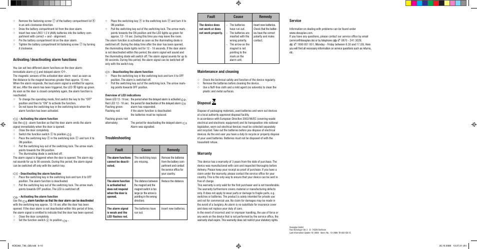 Troubleshooting fault cause remedy, Fault cause remedy, Maintenance and cleaning | Disposal, Warranty, Service, Activating / deactivating alarm functions | Dexaplan TA 603 User Manual | Page 2 / 2