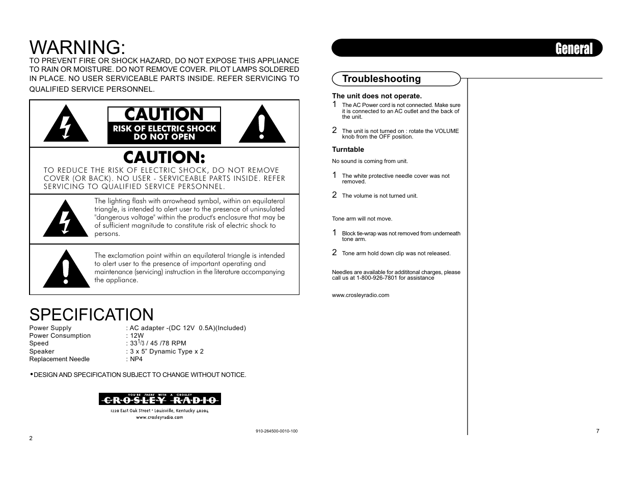 Warning, Specification, Caution caution | General, Troubleshooting | Crosley Radio CR249 User Manual | Page 4 / 5