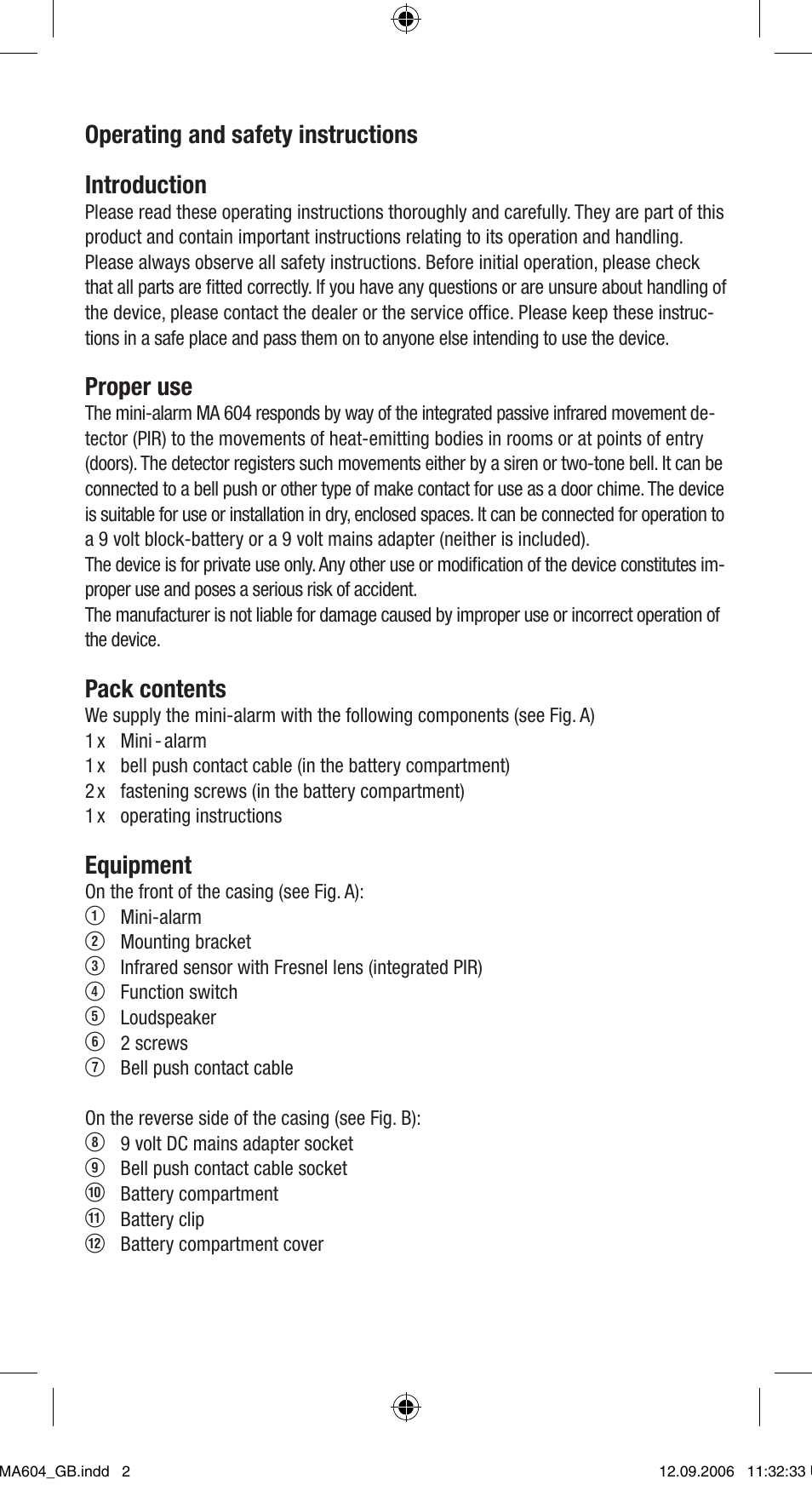 Operating and safety instructions introduction, Proper use, Pack contents | Equipment | Dexaplan MA 604 User Manual | Page 2 / 8