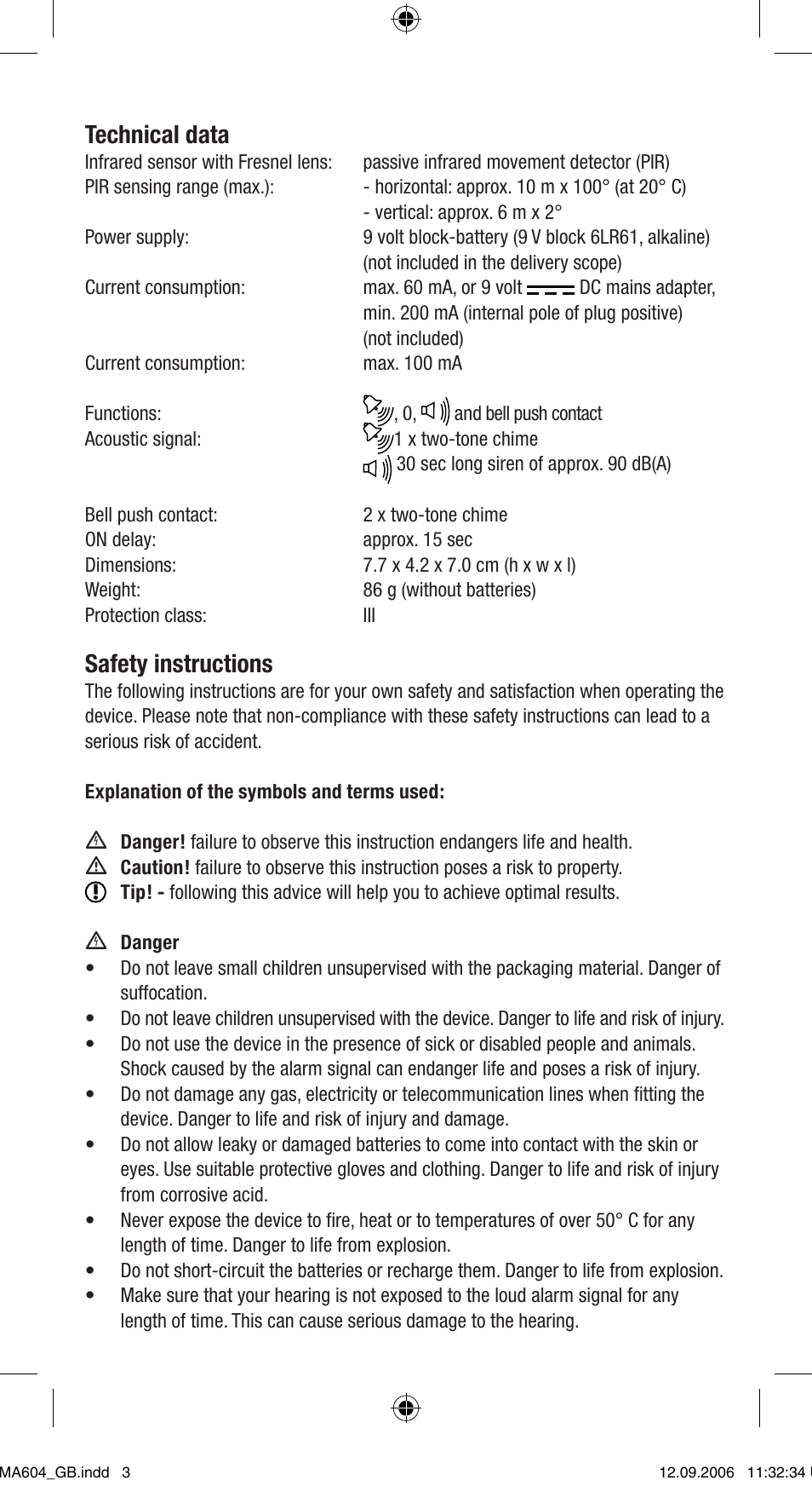 Technical data, Safety instructions | Dexaplan MA 604 User Manual | Page 3 / 8