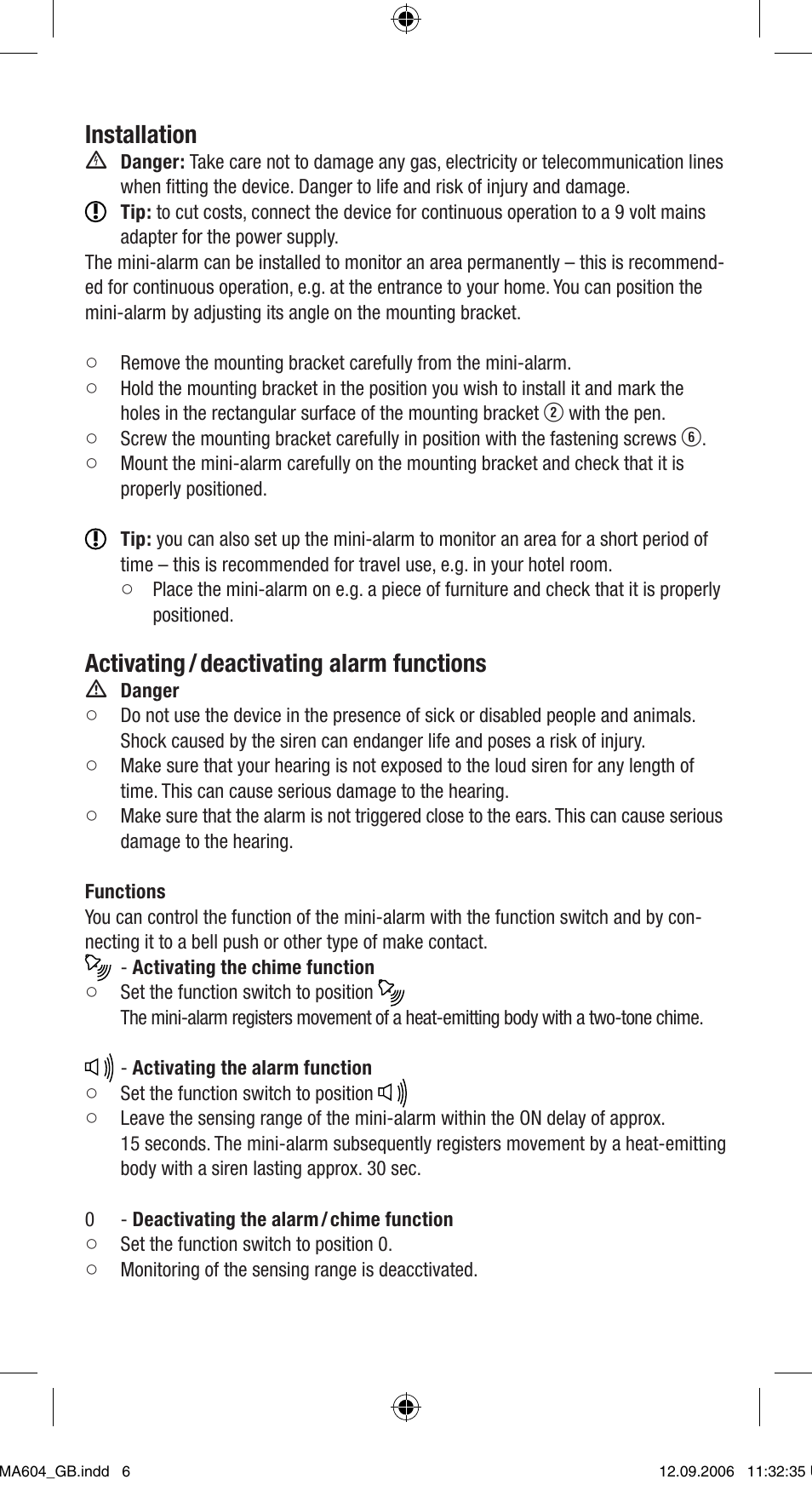 Installation, Activating / deactivating alarm functions | Dexaplan MA 604 User Manual | Page 6 / 8