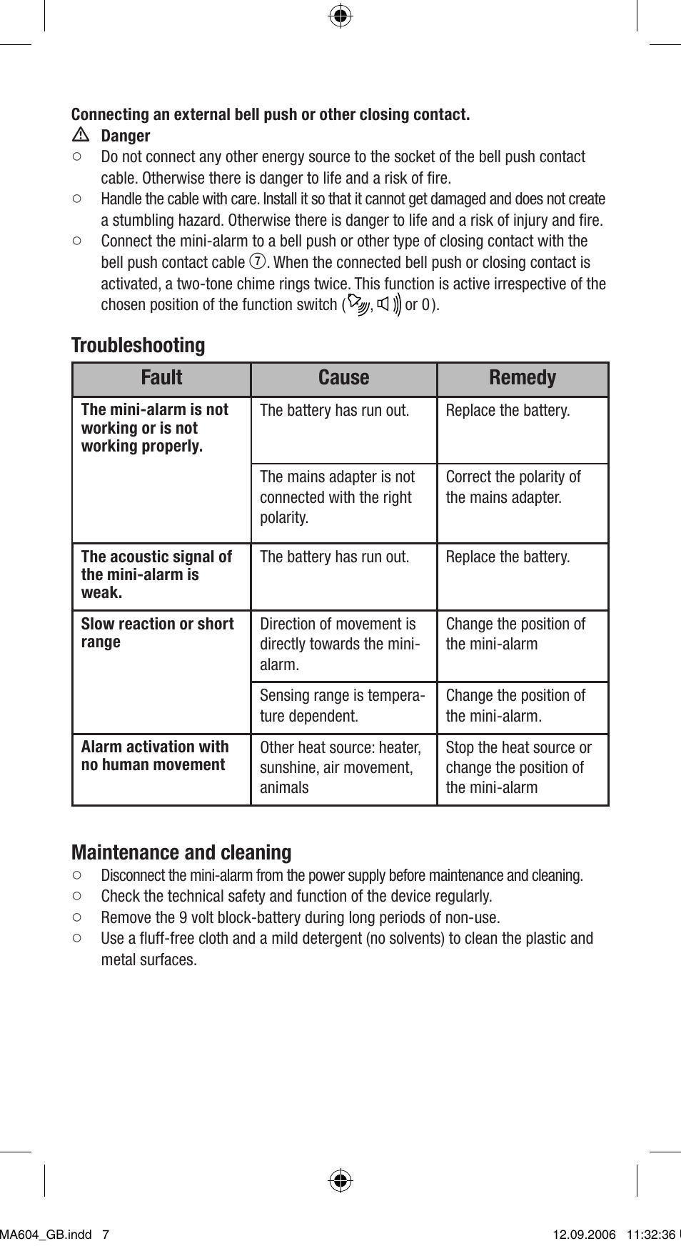 Troubleshooting fault cause remedy, Maintenance and cleaning | Dexaplan MA 604 User Manual | Page 7 / 8
