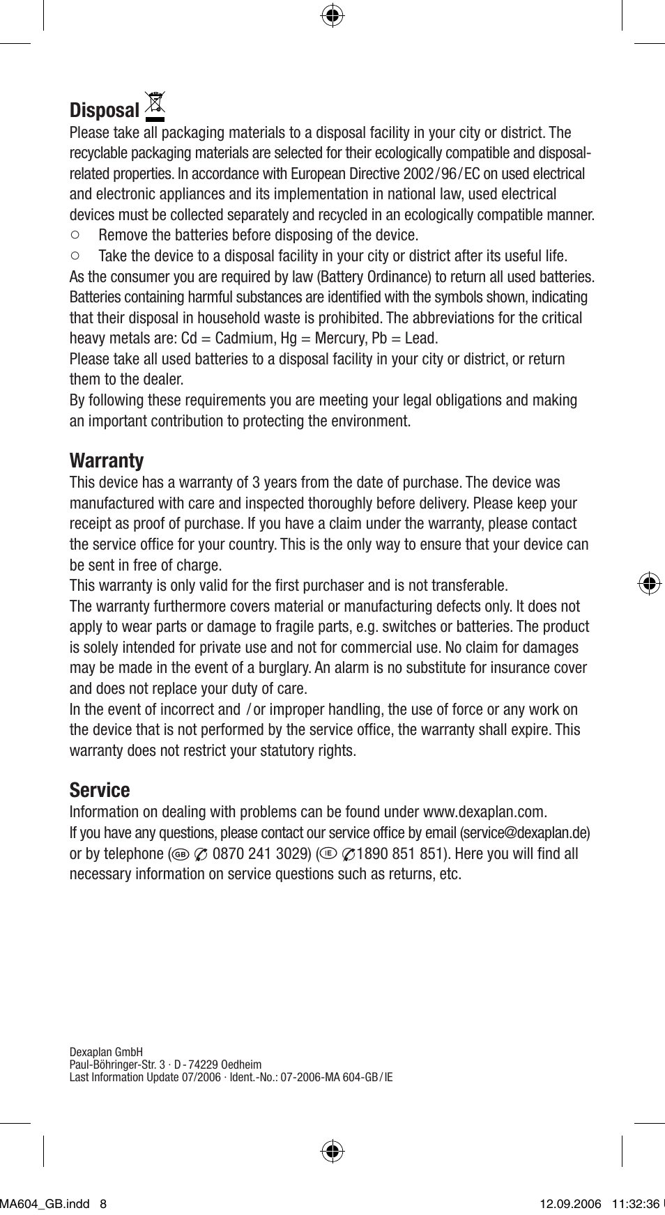 Disposal, Warranty, Service | Dexaplan MA 604 User Manual | Page 8 / 8