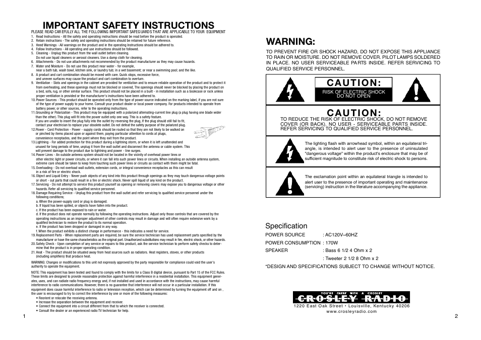 Important safety instructions, Warning, Specification | Crosley Radio Digital Jukebox CR-12DI User Manual | Page 2 / 7