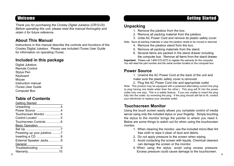 Getting started | Crosley Radio Digital Jukebox CR-12DI User Manual | Page 3 / 7