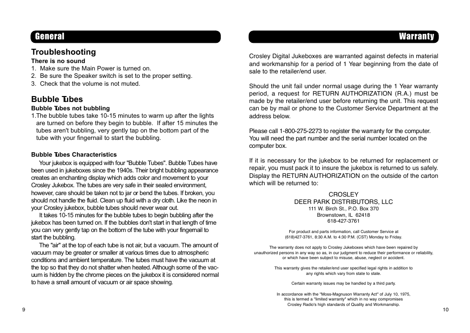 Troubleshooting, Bubble tubes | Crosley Radio Digital Jukebox CR-12DI User Manual | Page 6 / 7