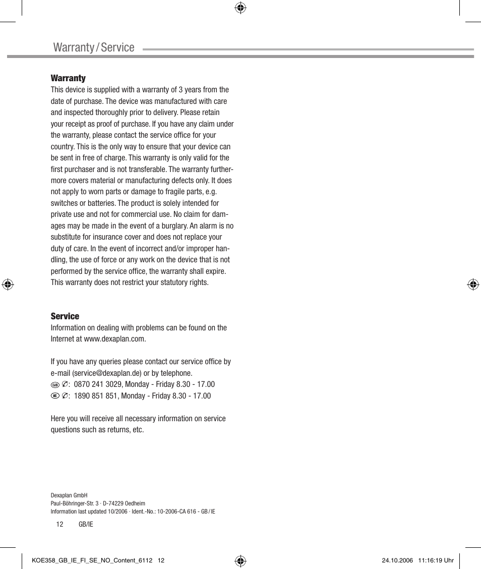 Warranty / service | Dexaplan CA 616 User Manual | Page 12 / 42