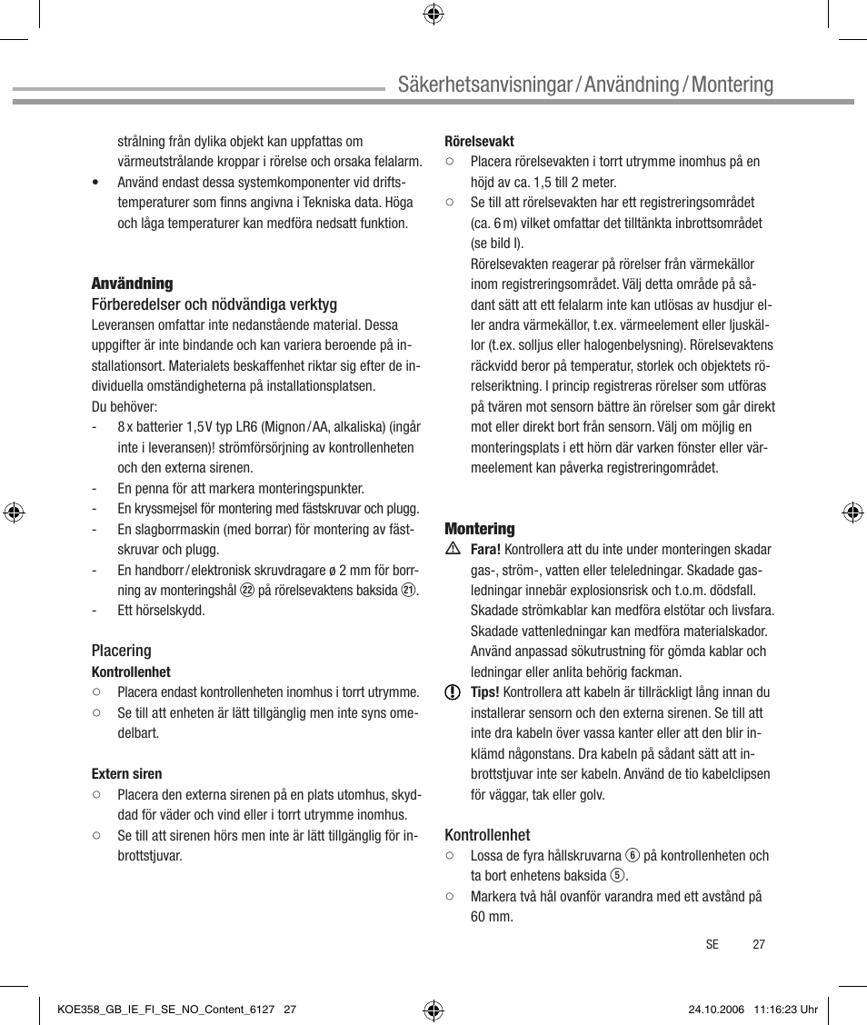 Säkerhetsanvisningar / användning / montering | Dexaplan CA 616 User Manual | Page 27 / 42