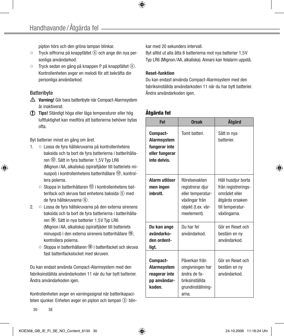 Handhavande / åtgärda fel | Dexaplan CA 616 User Manual | Page 30 / 42